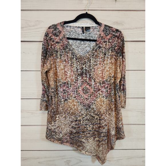 New Directions Womens Multicolor Geometric 3/4 Sleeve Scoop Neck Blouse Sz Large - Picture 1 of 5
